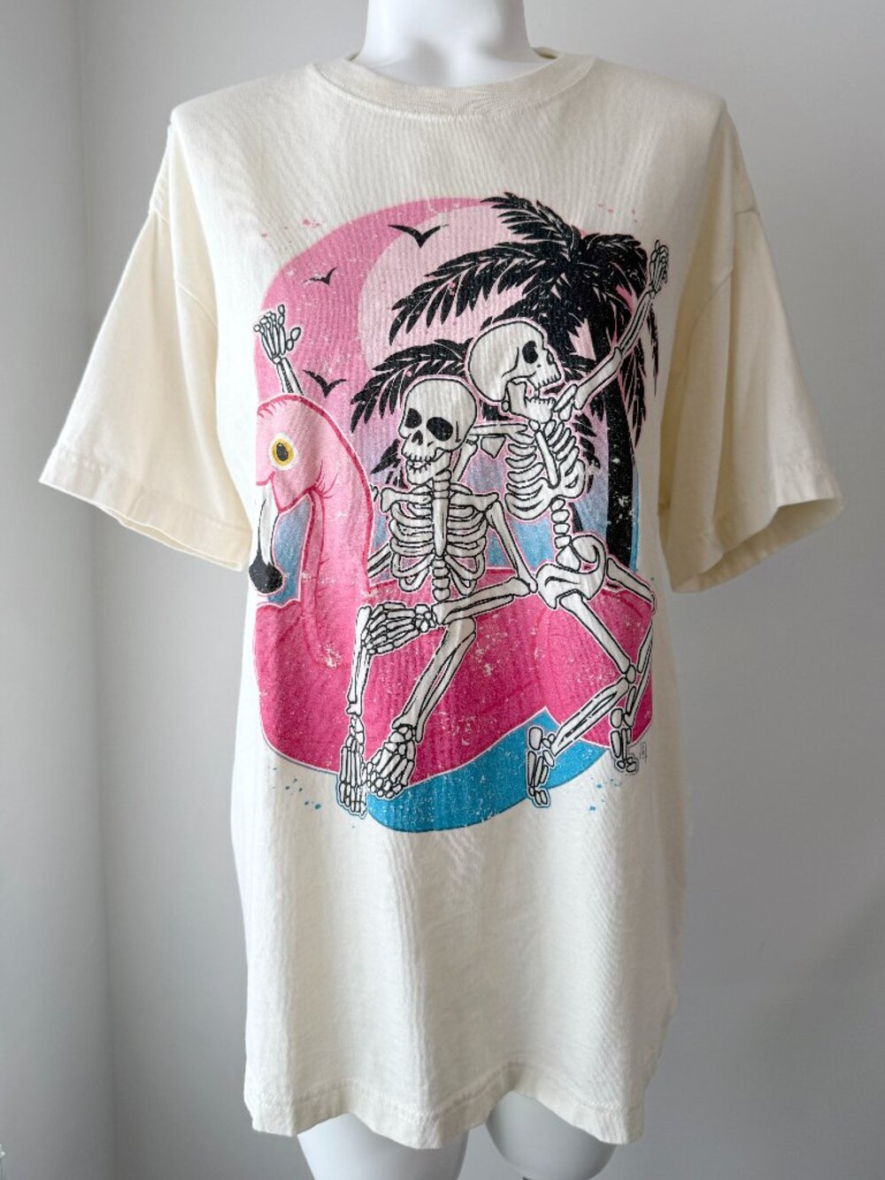 Unisex Pink Flamingo Floaty Summer Skeletons Natural T-Shirt (Bella Canvas)